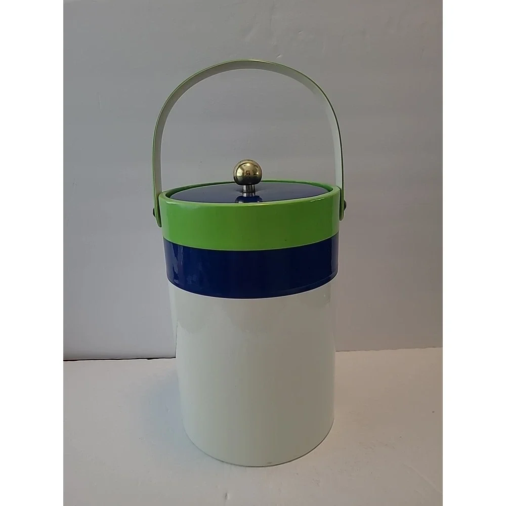Vintage Ice Bucket White Green Blue With Handle And Lid 12